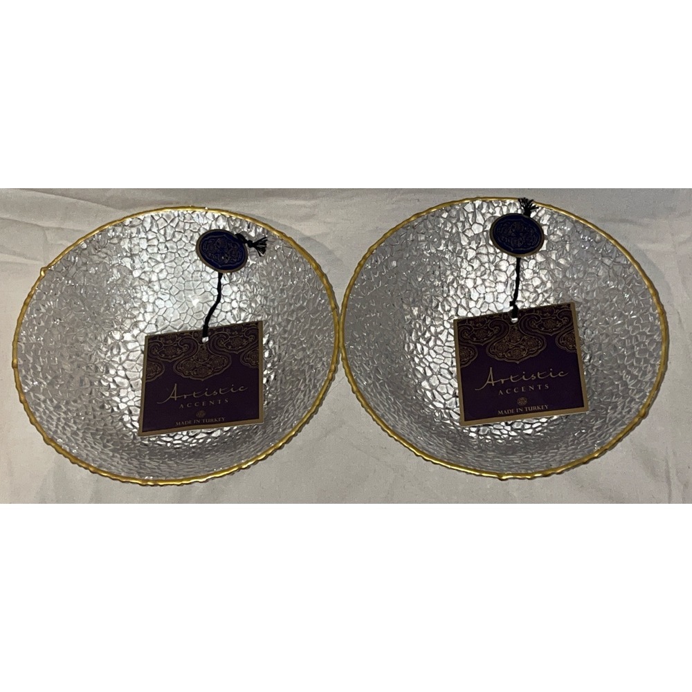 ARTISTIC ACCENTS PEBBLE TEXTURED CLEAR GLASS‎ GOLD TRIM HAND DECORATED 3 BOWLS